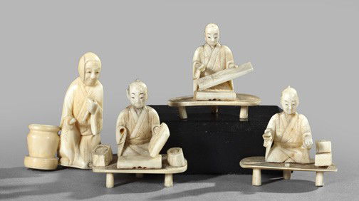 Japanese Meiji Bone and Ivory Cabinet Figures: Group of Four Diminutive Japanese Meiji Carved Bone and Ivory Cabinet Figures, fourth quarter 19th century, representing, respectively, a painter, a leather goods maker, a musician and a drummer, the