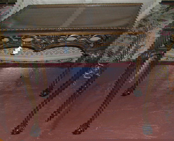 CHIPPENDALE TEA TABLES: Pair of George III-Style Mahogany Silver Tables, each with a rectangular top with raised gadroon-carved edge, above a pierced fret-patterned frieze, raised on cabriole legs ending in ball-and-claw fee