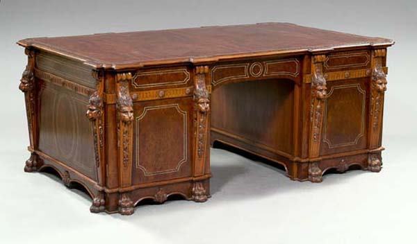 ENGLISH PARTNERS DESK: Monumental English Carved and Inlaid Mahogany Partner's Desk, a facsimile of the Thomas Chippendale model from Nostell Priory, with oyster veneer walnut surfaces with rosewood cross-banding and satinw