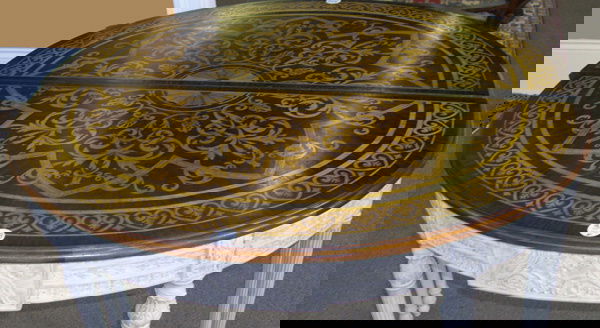 INLAID DEMI-LINE CONSOLE TABLES: Pair of George III-Style Mahogany and Polychromed Side Tables, each with a demi-lune top, banded and with an elaborate scrolling foliate inlay, the frieze triple banded and centered by a griffin-carve