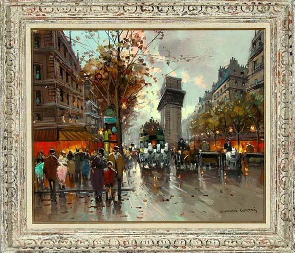 ART CITY SCAPE After Edouard Cortès (French, 1882-: After Edouard Cortès (French, 1882-1969) "Paris Street Scene", oil on canvas, 20" x 24", signed lower right: "Edouard Cortes'". Presented in a carved polychromed frame with linen liner. Provenance: D
