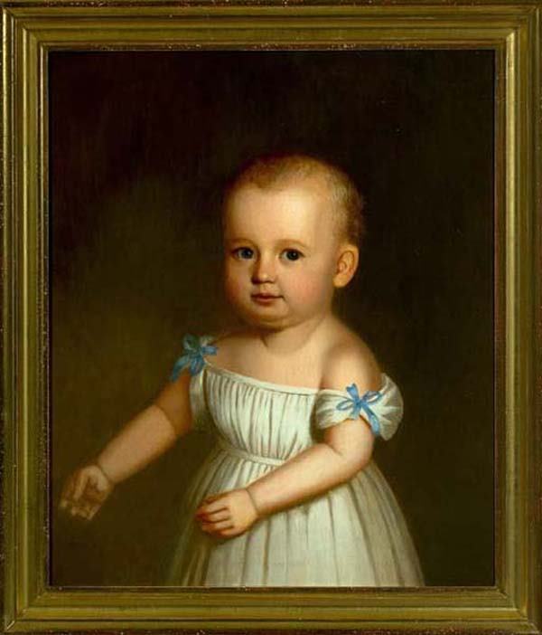 ART PORTRAIT Attr. Thomas Sully (American, 1783-18: Attr. Thomas Sully (American, 1783-1872) "Portrait of Mary Evalina Sewall", oil on panel, 20-1/2" x 17", together with a Rare American Coin Silver Papboat, by Anthony Rasch, New Orleans, c. 1830, the