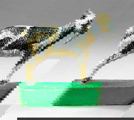 CAST IRON BILLY GOAT DOORSTOP: American Polychromed Iron Door Stop, fourth quarter 19th century, in the form of a spotted billy goat upon a solid "grassy" base, h. 9", l. 9".