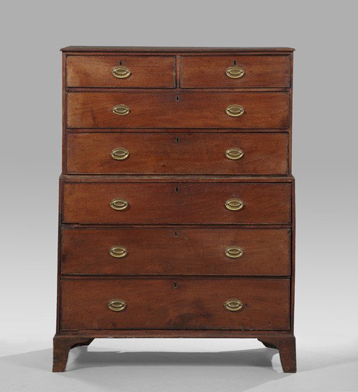 George III Mahogany Chest on Chest,: George III Mahogany Chest on Chest, ca. 1800, in two parts, the upper section having two side-by-side drawers over two long drawers, the lower case with three long drawers, h. 61", w. 44-1/2", d. 20".