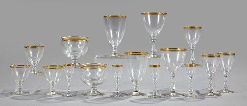 Collection of American Glassware: Ninety-Two-Piece Collection of American Glassware, mid-20th century, with gilt rims, consisting of ten iced beverage goblets, eleven port/sherry glasses, twelve iced seafood coupes with removable rame