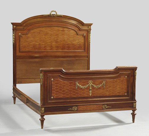 Louis XVI-Style Bedroom Suite: Attractive Four-Piece Louis XVI-Style Bedroom Suite, first quarter 20th century, by Ameublement Poulin, Paris, the gilt-brass-mounted mahogany and parquetry suite consisting of an armoire with a bonne