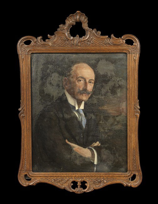 Jean de Saulx (French, 1853-1931): Jean de Saulx (French, 1853-1931) "The Blue Cravat", oil on canvas, a portrait of a self-assured mustachioed man wearing a blue cravat set with a pearl stick pin, signed lower left, 28" x 23". Present