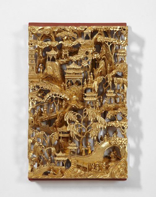 Giltwood and Polychromed Opium Bed Panel: Elaborate Carved Giltwood and Polychromed Opium Bed Panel, mid-20th century, featuring multiple tiers of bridges, trees, mountains and figures, h. 19", w. 12", d. 3".