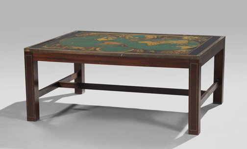 Brass-Mounted Mahogany Coffee Table: Campaign-Style Brass-Mounted Mahogany Coffee Table, the rectangular brass-bound and "World Map"-inset top raised on brass-inlaid square legs, h. 18", w. 43", d. 33".