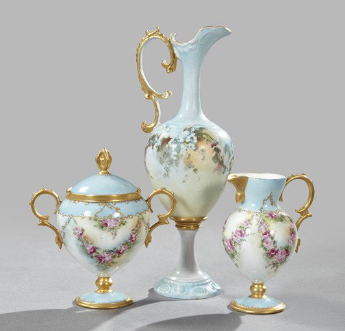 3-Piece Group of Continental Porcelain Items: Three-Piece Group of Continental Porcelain Items, comprised of a Germano-Bohemian porcelain cabinet ewer in the rococo taste, with hand-painted floral decoration by Edna Jones (American, ca. 1882-1940