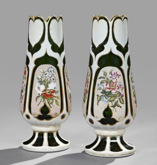 Pair of Bohemian Glass Garniture Vases,: Pair of Bohemian Glass Garniture Vases, fourth quarter 19th century, in white-over-green overlay glass, with richly painted floral bouquets on pink-ground reserves, h. 13-1/2", dia. 5".
