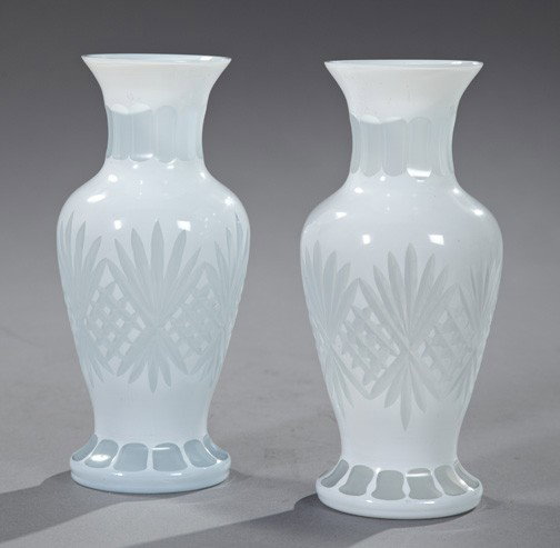 Bohemian White-Cased Cut-to-Clear Vases: Pair of Bohemian White-Cased Cut-to-Clear Glass Vases, second quarter 20th century, of baluster form, the underside of each example etched "Made in Czechoslovakia" within a circle, h. 9-1/4".