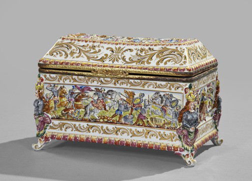 Italian Capodimonte Porcelain Desk Box,: Italian Capodimonte Porcelain Desk Box, early 20th century, the coffered lid centered by an elaborate medieval procession, the sides with scenes of knights at battle, each corner featuring a crowned a