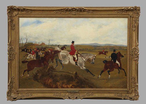 Sylvester Martin (British, 1856-1906): Sylvester Martin (British, 1856-1906) "The Hunting Party", oil on canvas, signed and dated lower center "S. Martin 1885", 20" x 30". Presented in a Louis XV-style giltwood and gesso frame.