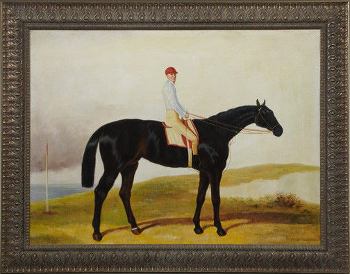 British School oil on canvas: British School (Fourth Quarter 20th/First Quarter 21st Century) "Portrait of a Jockey on a Black Stallion", oil on canvas, unsigned. Framed.