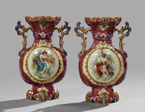 English Transfer-Decorated Garniture Vases: Pair of English Transfer-Decorated Majolica Garniture Vases, ca. 1900, each with a central reserve depicting a young maiden and child, h. 10-1/2", w. 7", d. 3-1/4".
