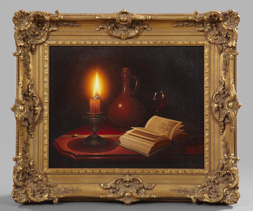 Continental School (Fourth Quarter 20th Cent): Continental School (Fourth Quarter 20th Century) "Still Life with a Candle and a Glass of Wine", oil on canvas, signed lower right "Rusche", 16" x 20". Presented in a rococo-style giltwood and gesso f