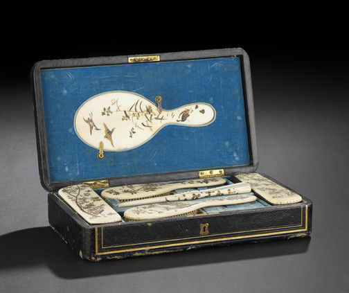 Shibayama-Decorated Ivory Lady's Dressing Set: Rare Cased Six-Piece Shibayama-Decorated Ivory Lady's Dressing Set, fourth quarter 19th century, by Halstaff and Hannaford, London, in the Japanese taste, the compartmented velvet-lined case fitted fo