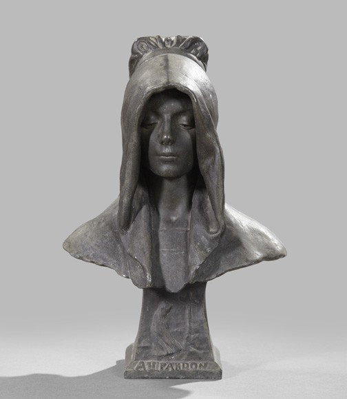 After Julien Causse (French, 1869-1914): After Julien Causse (French, 1869-1914) "Au Pardon", a patinated bronze bust on a square pedestal depicting a relief of a maiden beside a cross, above the sculpture title, h. 15", w. 10-1/4", d. 7".