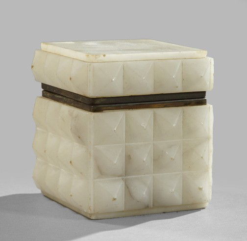 Italian Alabaster Table Box: Italian "Magnum Diamond"-Carved Alabaster Table Box, first quarter 20th century, of square form with gilt-lacquered brass mounts, h. 5", w. 5", d. 5".