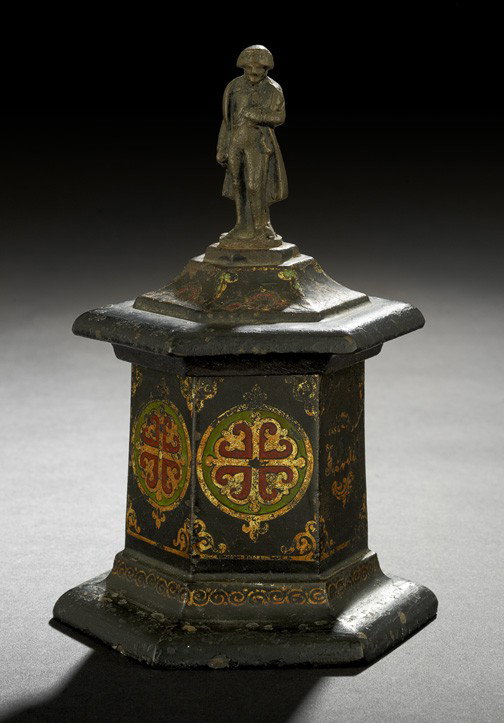 Napoleon III Black Lead Humidor: Napoleon III Black Enameled, Polychromed and Parcel-Gilt Lead Humidor, third quarter 19th century, of hexagonal form in the Renaissance taste, the conforming lead cover with a patinated bronze finial 