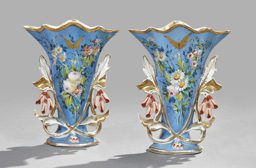 Paris Porcelain Flared Garniture Vase: Attractive Pair of Paris Porcelain Flared Garniture Vases, third quarter 19th century, of small size, the periwinkle blue grounds painted with sprays of summer flowers, each surmounted by a gilded but