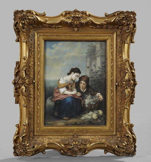 After Bartolome Esteban Murillo (Spanish): After Bartolome Esteban Murillo (Spanish, 1617-1682) "Little Fruit Sellers", oil on ivory, signed lower right "P. Stadler", sight 7-1/2" x 5-1/2". Glazed and presented in a rococo-style giltwood and g