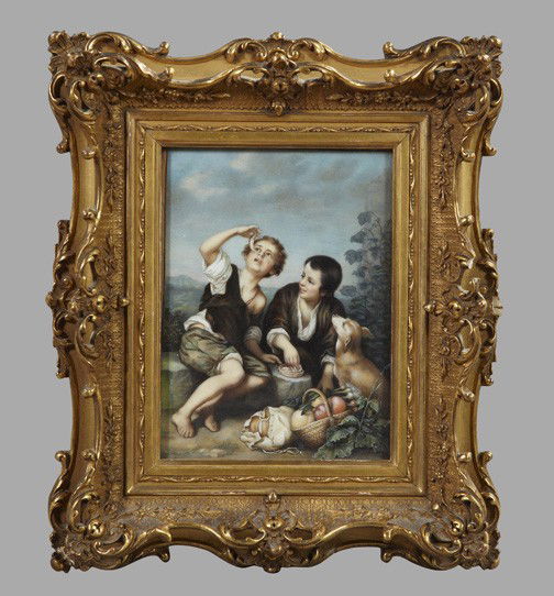 After Bartolome Esteban Murillo (Spanish): After Bartolome Esteban Murillo (Spanish, 1617-1682) "The Pie Eaters", oil on ivory, signed lower right "P. Stadler", sight 7-1/2" x 5-1/2". Glazed and presented in a rococo-style giltwood and gesso f
