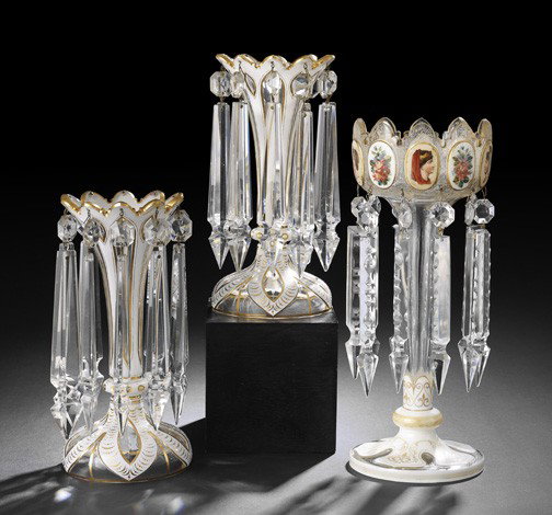 Bohemian Cut-To-Clear Glass Lustres: Group of Three Bohemian White Cased Cut-To-Clear Glass Lustres, fourth quarter 19th century, consisting of a tall example with classical portraits and floral reserves, and a pair of trumpet-form examp