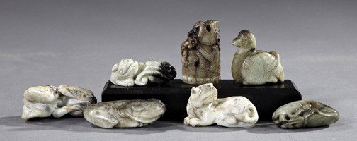 Three Kuang Hsu Jade Cabinet Creatures: Collection of Three Kuang Hsu Jade Cabinet Creatures, fourth quarter 19th century through first quarter 20th century, in carved shaded white to gray to black, comprised of a duck, a sleeping Foo dog, 