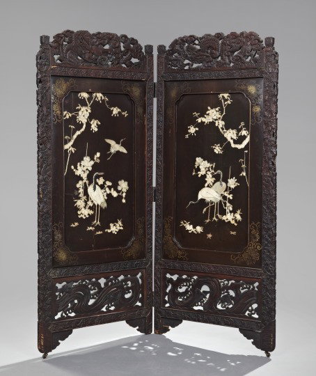 Large Chinese Carved Bi-Fold Screen,: Large Chinese Carved Bi-Fold Screen, early 20th century, the upper and lower panels with carved scrolling dragons, the central panels with applied carved bone and ivory figures of birds, trees and flo