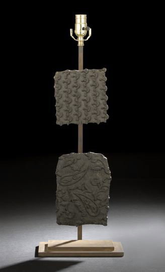 Two Wooden Printing Blocks,: Two Wooden Printing Blocks, 19th century, carved for printing fabric or wallpaper, now mounted on a patinated steel display stand fitted as a table lamp, overall h. 33".