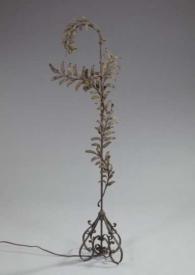 Unusual Polychromed Metal Floor Lamp,: Unusual Polychromed Metal Floor Lamp, early 20th century, the hooked standard entwined with a leaf-and-berry garland and raised on a scrolling footed base, h. 65", w. 23", d. 16".