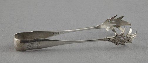 American Sterling Silver Serving Tongs,: American Sterling Silver Serving Tongs, dated 1847 and later 1872, by George B. Sharp, Philadelphia, Pennsylvania, with Neo-Grec claw bowls, l. 8-1/2", 2.85 t. oz.
