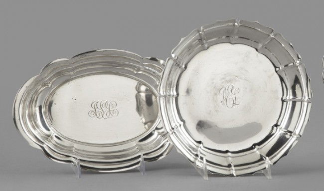 Two American Lobed Sterling Silver Bowls,: Two American Lobed Sterling Silver Bowls, mid-20th century, including a Richard Dimes "Dublin"-style circular example, monogrammed "DEL", dia. 9", and a Wallace Silversmiths oval example, monogrammed