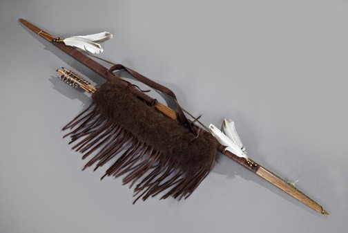 Native American Ojibway Bow and Four Arrows,: Native American Ojibway Bow and Four Arrows, the buckskin-wrapped bow adorned with trade beads and feathers and a sinew flemish bow string, l. 68", the quiver of buffalo hair-on-hide with tanned tasse