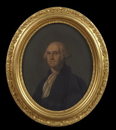 After Gilbert Charles Stuart (American): After Gilbert Charles Stuart (American, 1755-1828) "Portraits of George and Martha Washington", pair of chromolithographs mounted on canvas, sight 15-1/2" x 13". Presented in oval giltwood and gesso f
