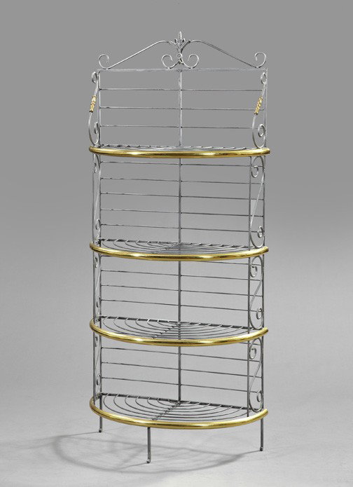 French Brass and Metal Baker's Rack: French Brass and Galvanized Metal Baker's Rack, the scrolling cornice centered by a wheat-sheaf pattern and over four demi-lune shelves, all joined by scrolling supports, h. 84", w. 36", d. 19".