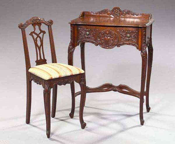 FRENCH SIDE TABLE AND CHAIR: Louis XV-Style Carved Mahogany Side Table and Chair, early 20th century, the table with carved gallery and fitted with a shell-carved drawer, raised on cabriole legs joined by curved stretchers, the s