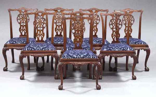 EIGHT GEORGE III MAHOGANY DINING CHAIRS: Suite of Eight George III-Style Mahogany Dining Chairs, in the Thomas Chippendale taste, consisting of all sidechairs, the acanthus-carved serpentine crest above a pierced splat, the shaped drop-in se