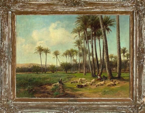 David Bates (British, 1840-1921) "An Oasis in the: David Bates (British, 1840-1921) "An Oasis in the Desert", oil on canvas, 22" x 30", signed and dated lower right: "David Bates 1892". Presented in a giltwood frame bearing a brass title plaque. Refer