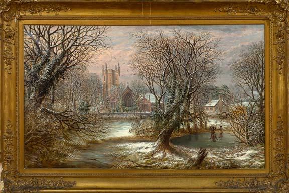 British School (Late 19th Century) "Handsworth Chu: British School (Late 19th Century) "Handsworth Church", oil on canvas, 30" x 50-1/2", inscribed en verso: "J. Beardmore/Handsworth Church/1876". Presented in an ornate giltwood frame.