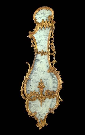 Good George II-Style Carved Giltwood Mirror: Good George II-Style Carved Giltwood Looking Glass, in the rococo style of Thomas Johnson (1714-1778), 19th century, the later mirror plate distressed, h. 57", w. 20-1/2".