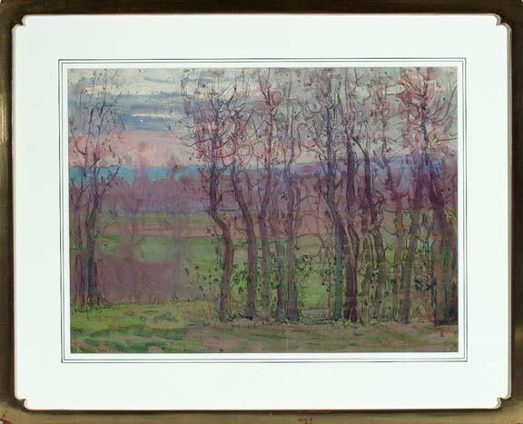 Jane Peterson (American, 1876-1965) "Environs a G: Jane Peterson (American, 1876-1965) "Environs a Giverny", watercolor on paper, 17" x 23", signed lower left: "Jane Peterson", titled and dated "1912" en verso. Handsomely matted and framed.