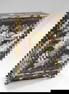 Asian-Style Lacquered and Polychromed Cabinet: Asian-Style Lacquered and Polychromed Cabinet, having double relief-carved doors, each featuring pagoda and figural scenes, the paneled sides avian and floral decorated, the interior fitted with a