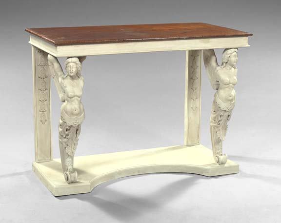 Pair of Empire-Style Mahogany and Polychromed Con: Pair of Empire-Style Mahogany and Polychromed Console Tables, each with a banded, rectangular mahogany top joined by polychromed figural supports of winged maidens to the concave plinth base, h. 36",