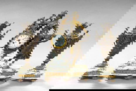 A. V. Helden, Rotterdam, Three-Piece Mantel Garni: A. V. Helden, Rotterdam, Parcel-Gilt Bronze-Patinated Spelter and Languedoc Marble Three-Piece Mantel Garniture, in the Louis XVI taste, fourth quarter 19th century, the clock case with a