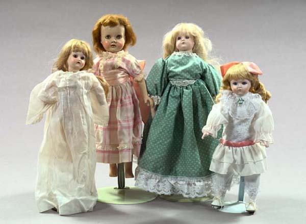Collection of Four Dolls: Collection of Four Dolls, consisting of an Effanbee walker, perhaps "Honey Walker", h. 18", a modern doll with bisque head on cloth body wig and set-in eyes, probably made in Taiwan, Japan or China, a