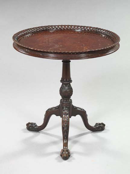 Mahogany Circular Tilt-Top Tea Table: Mahogany and Burlwood Veneer Circular Tilt-Top Tea Table, early 20th century, in the Thomas Chippendale taste, the molded top with a pierced out-scrolling, guilloche gallery above a flaring and balust