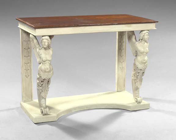 Empire-Style Mahogany Console Tables: Pair of Empire-Style Mahogany and Polychromed Console Tables, each with a banded, rectangular mahogany top joined by polychromed figural supports of winged maidens to the concave plinth base, h. 36",